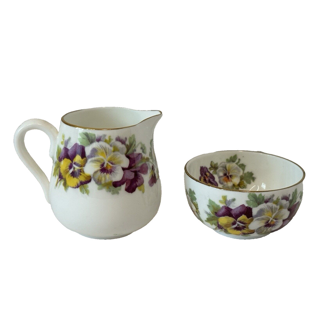 CROWN STAFFORDSHIRE Mini Creamer & Sugar Bowl White, Yellow, Purple Pansies VTG